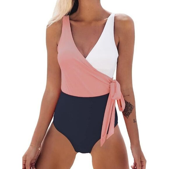 **Cupshe** Women's One Piece Swimsuit Wrap Color Block Tie Side NWT Medium NWOT - Picture 3 of 7